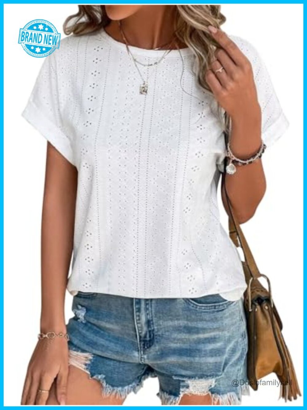 Eyelet Embroidery Summer Short Sleeve Blouse Loose Fit Casual Tunic